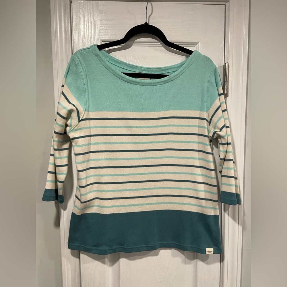 L.L. Bean Size LP Aquamarine Teal Stripe 3/4 Sleeve Knit Heritage Mariner Shirt
